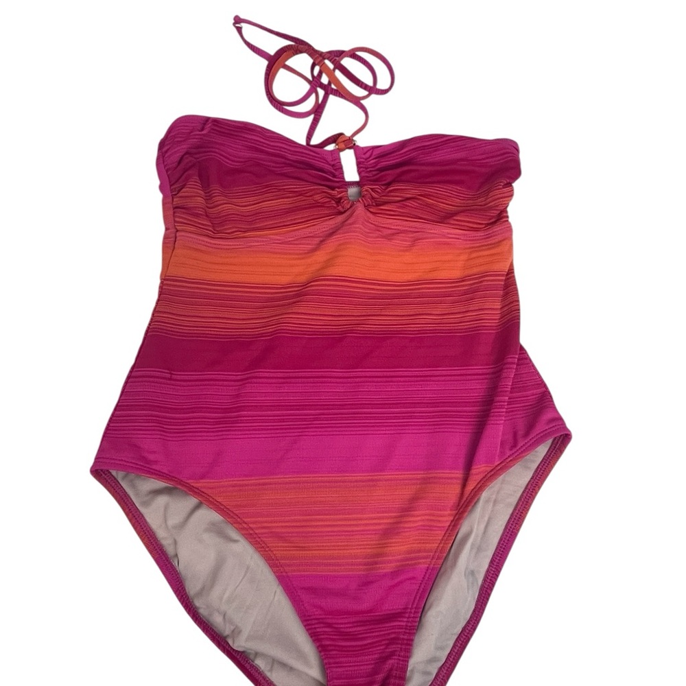 LAUREN Ralph Lauren painted striped tummy control one-piece swimsuit pink orange